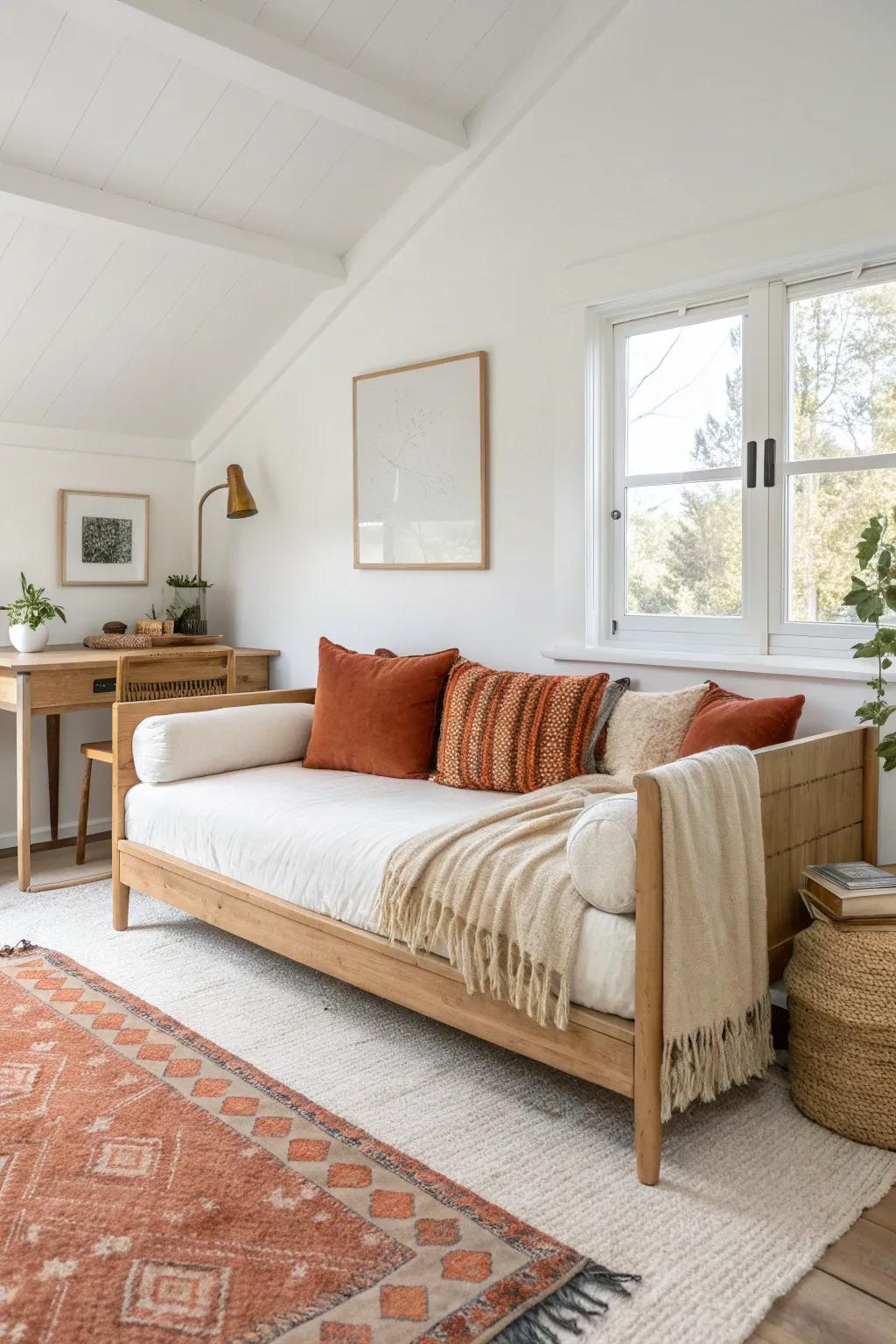 Sofa-style daybed + compact oak desk: a calm bonus room that’s work-ready and guest-ready.