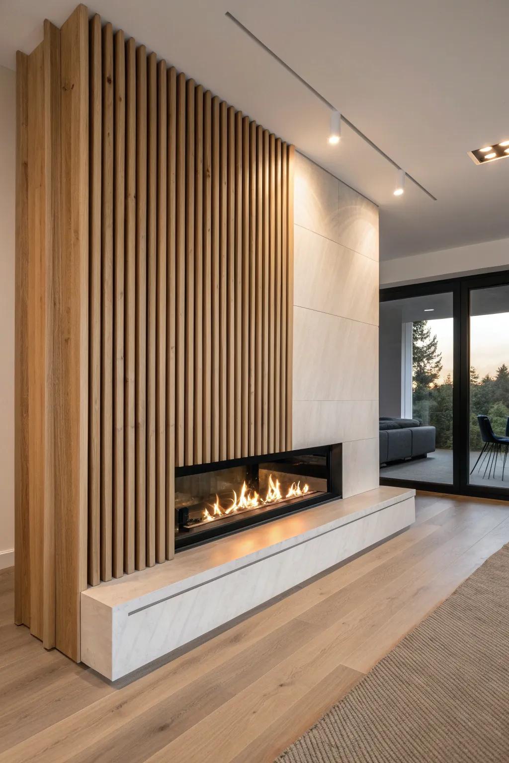 Cozy shadow lines: a slatted oak half-wall fireplace that feels modern, warm, and handmade.