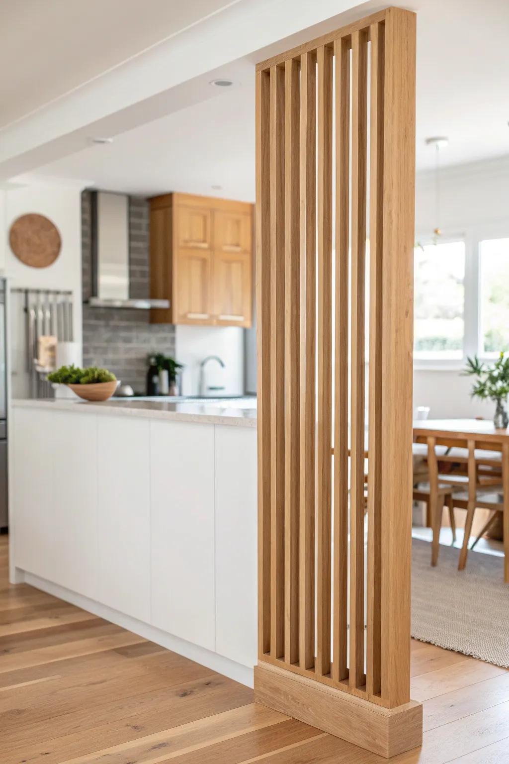 Light oak slat screen above a half wall—privacy without closing off your open space.
