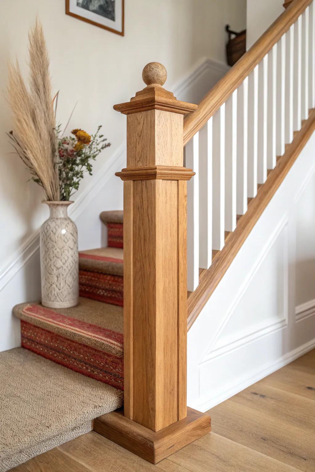 A refinished newel post with a tiny wood cap shelf turns your stairway into a focal point.