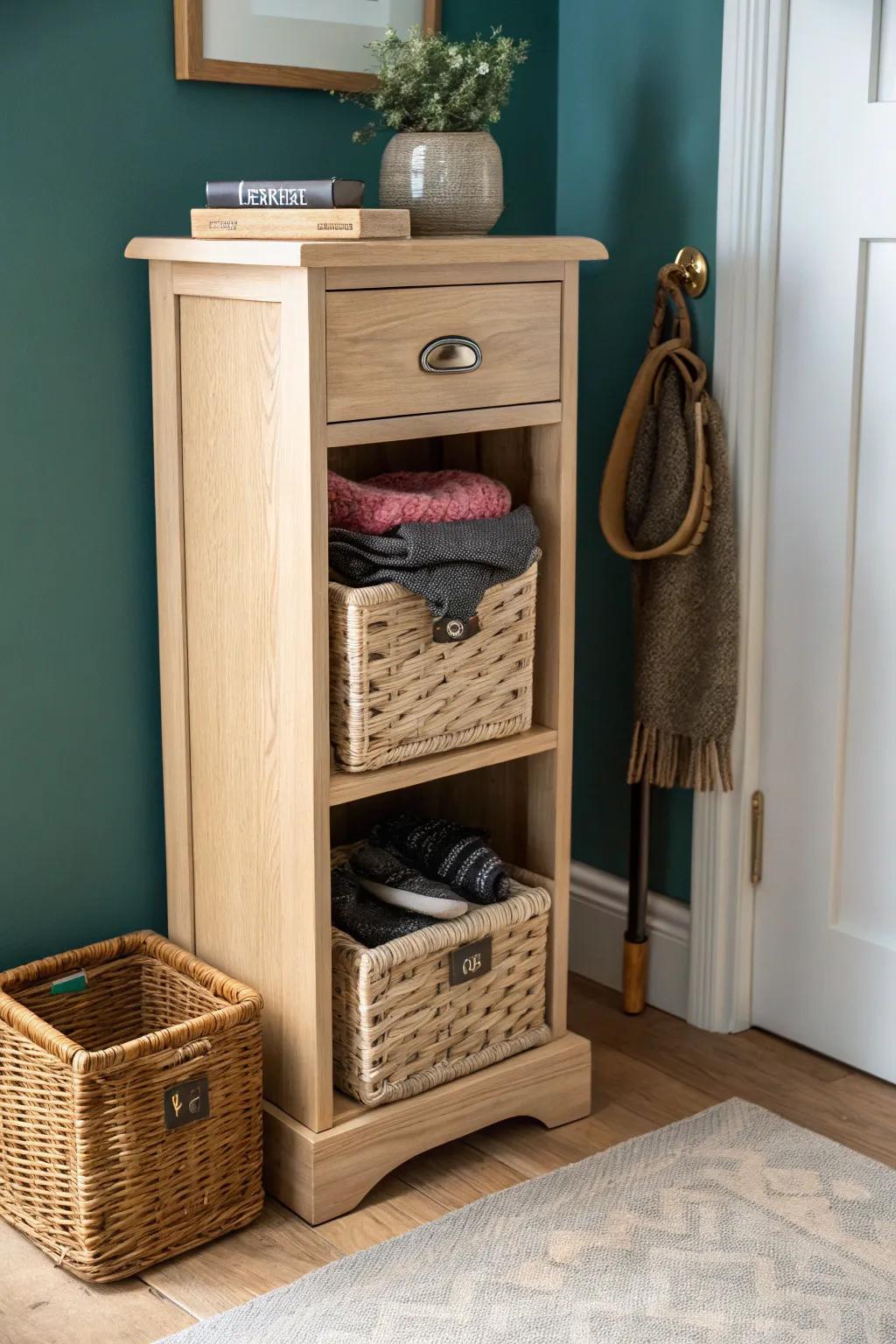 Pull-out basket cabinet keeps hats, gloves & dog gear tidy—beautiful wood + boho charm.
