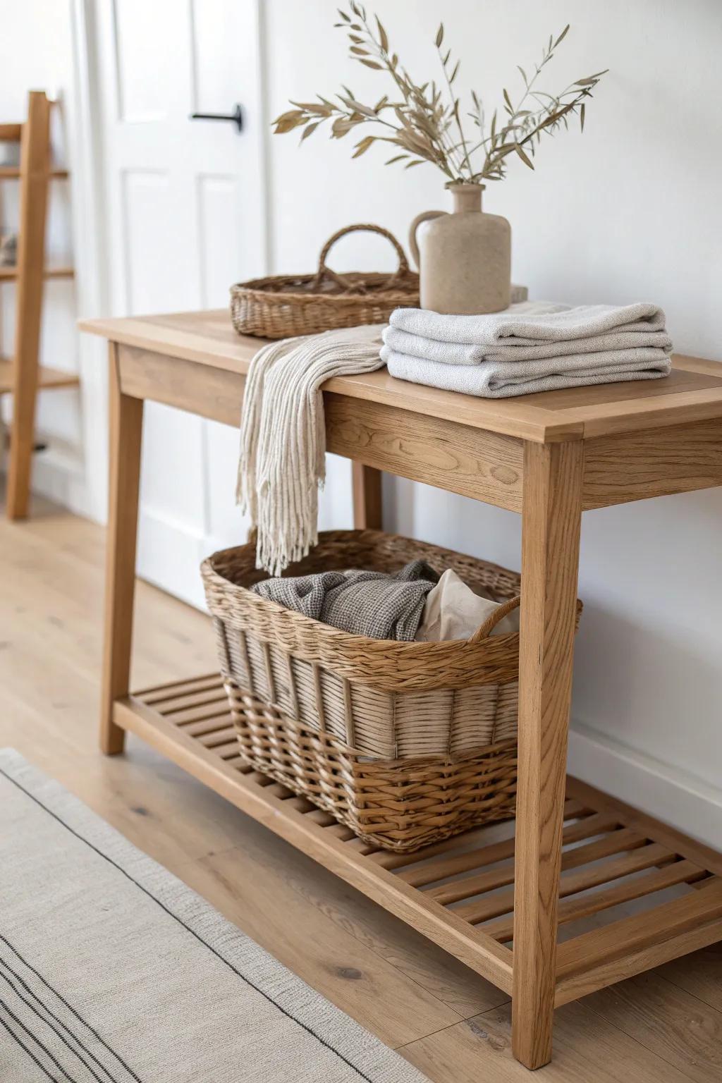 Woven basket storage under a slim oak hall table—warm wood, texture, and calm order.