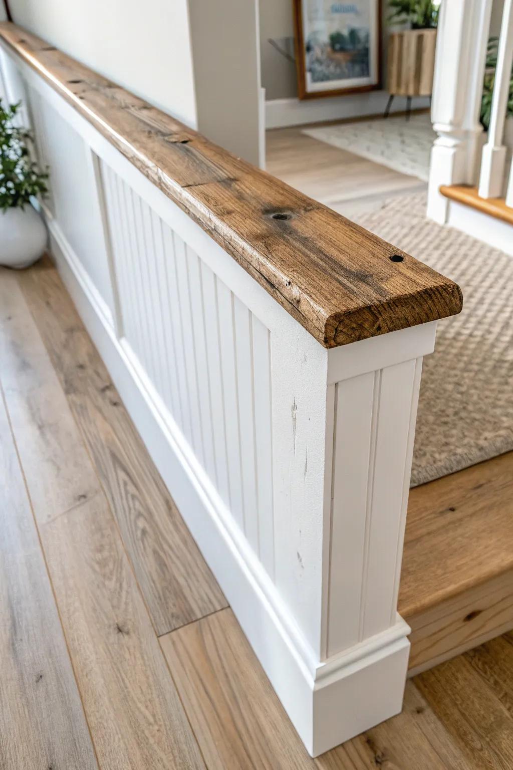 Reclaimed wood cap rail adds cozy, rustic warmth and striking contrast to white wainscoting.