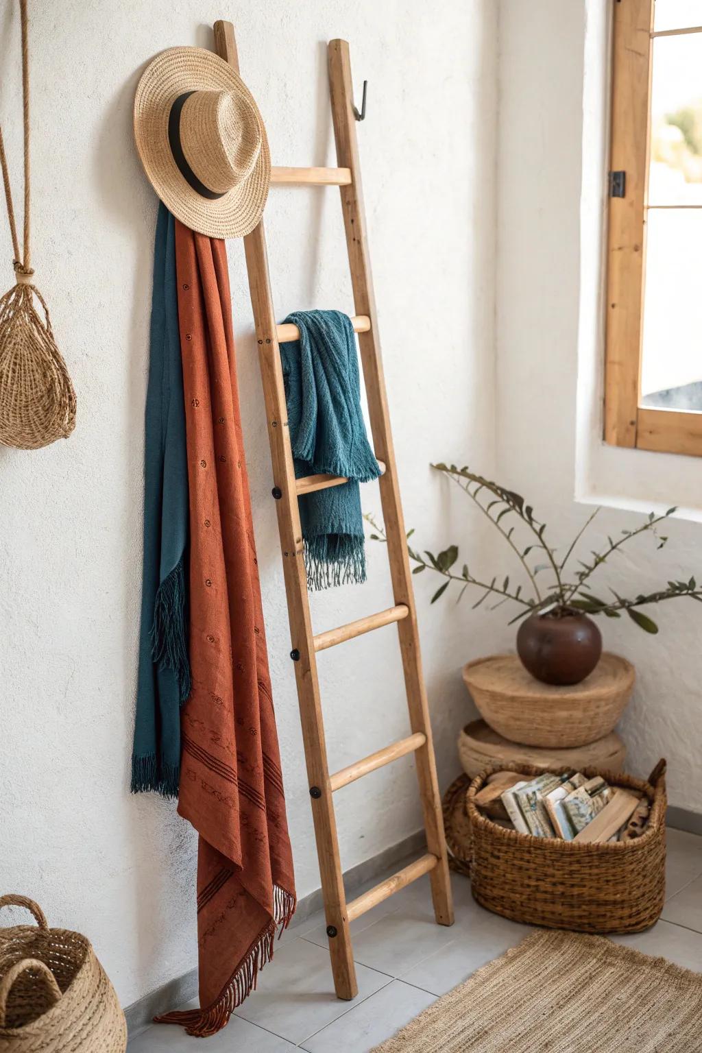 A hanging ladder entryway drop zone—scarves, hats, and gloves that look styled in seconds.