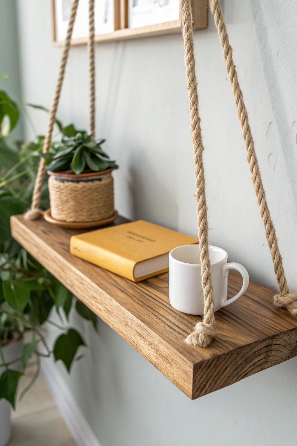 Hanging nightstand shelf in solid wood and rope—minimal, airy, and perfect for small bedrooms.