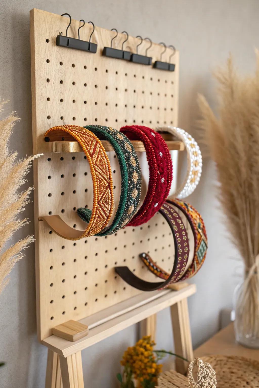 Organize with elegance: a stylish pegboard display for your beautiful headbands.