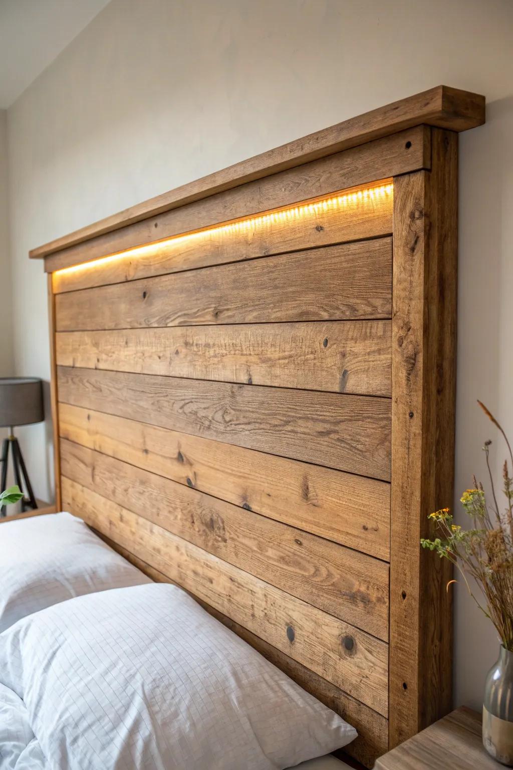A slim picture ledge + hidden linear LED turns reclaimed planks into glowing wood wall art.