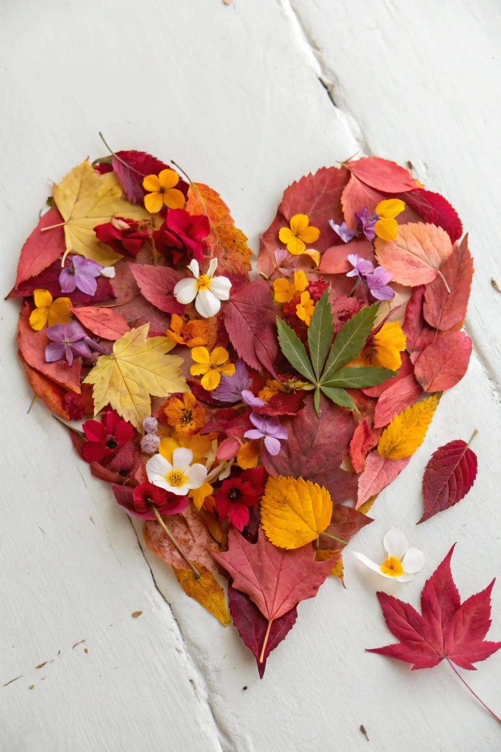 Bring the beauty of nature indoors with this charming heart collage made from leaves and petals, perfect for a creative preschool project.