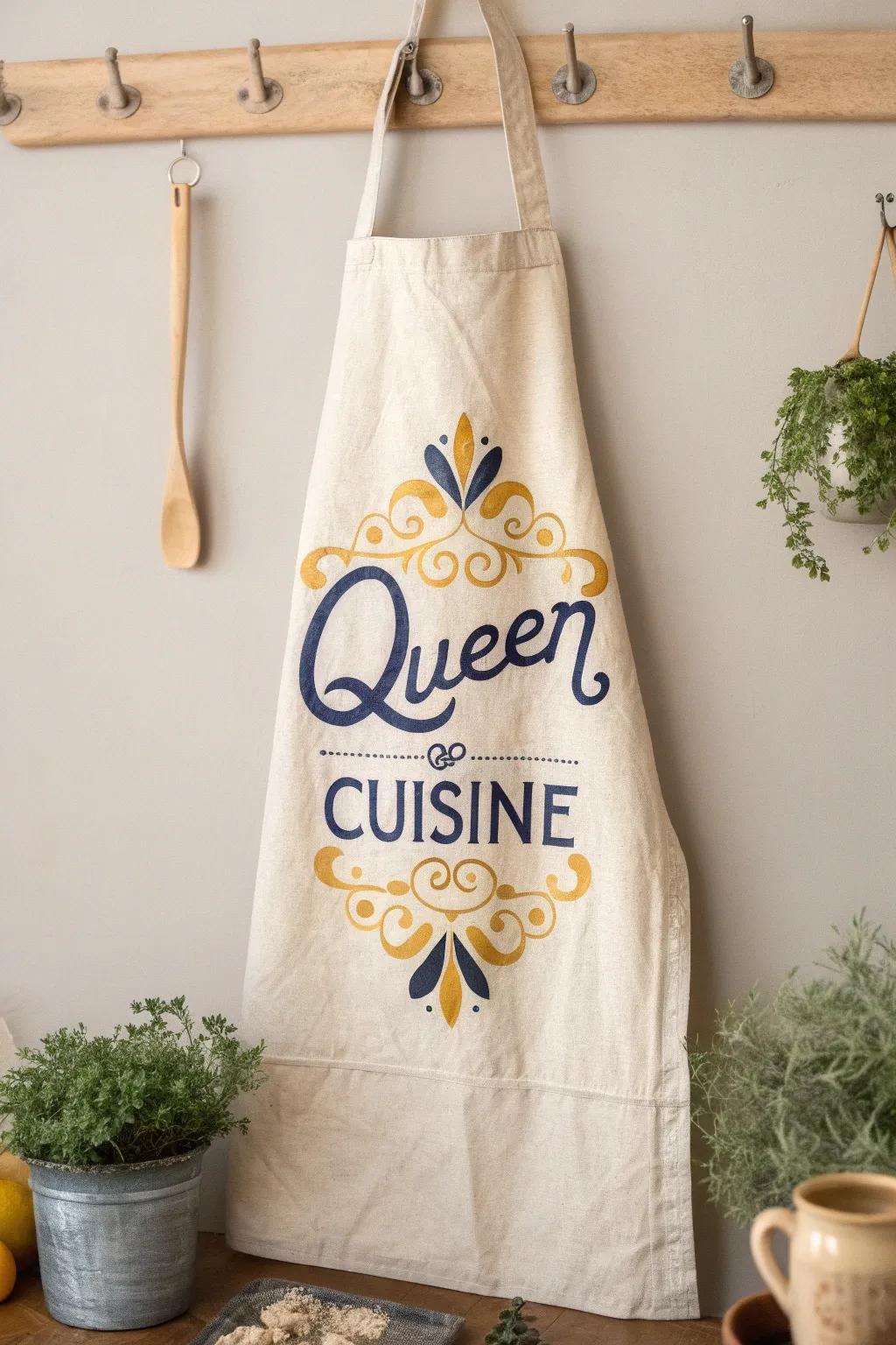 Elevate your kitchen style with a personalized touch: 'Queen of Cuisine' apron.