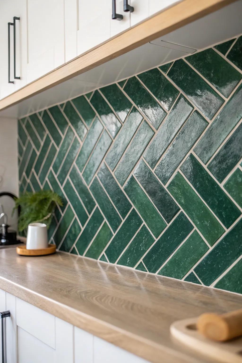 Counter-to-ceiling herringbone turns a simple kitchen wall into a custom-crafted feature.