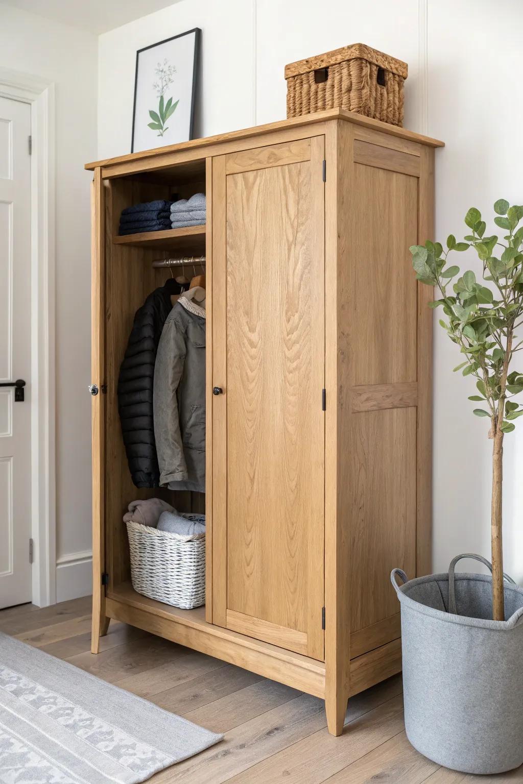 Looks like a laundry hamper—secretly a tilt-out coat bin for everyday kid jackets.