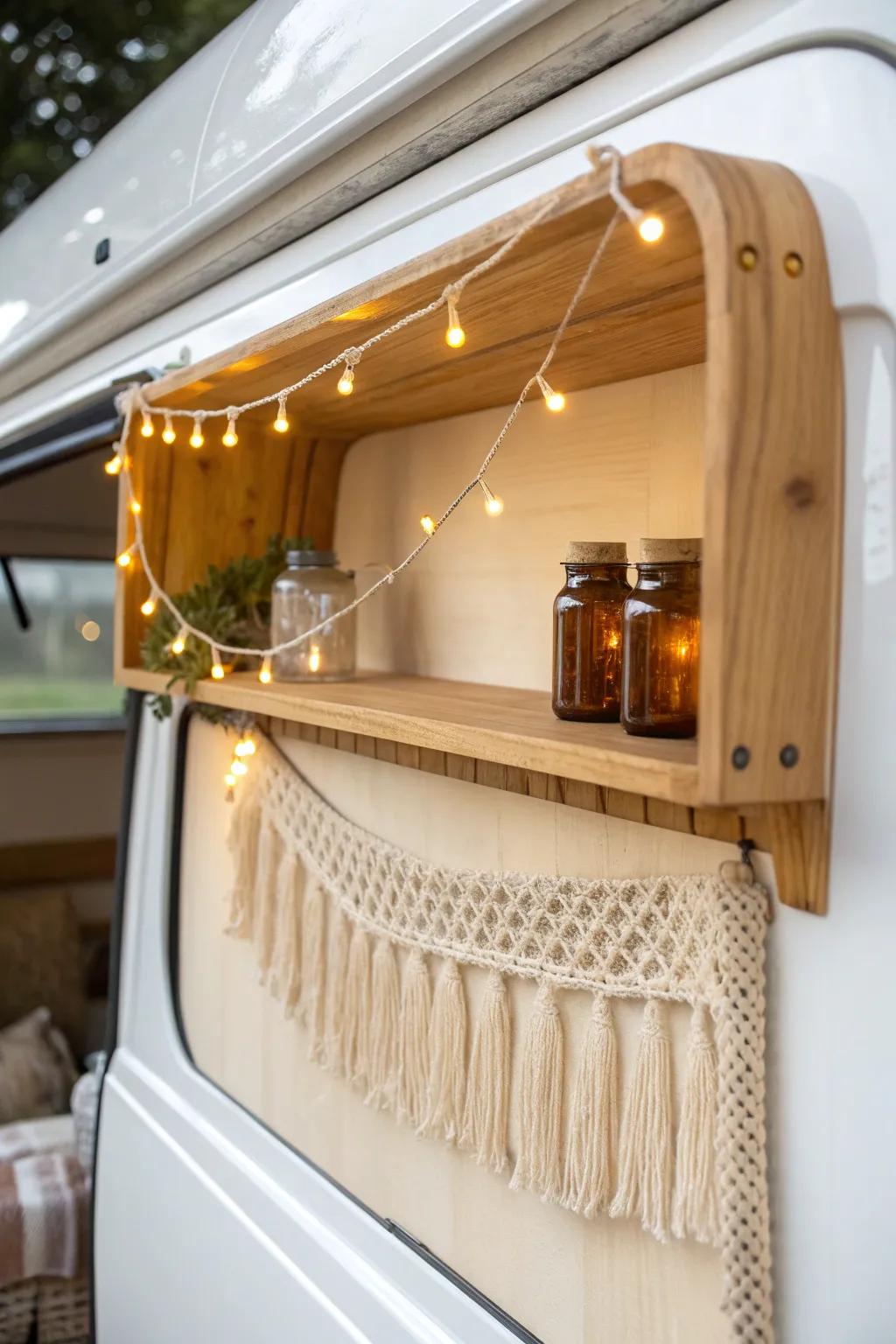 Warm string lights and hidden LEDs turn van woodwork into a cozy camp-night glow.