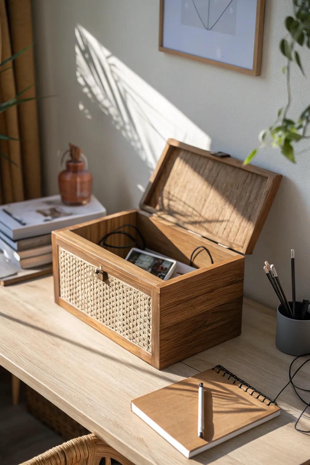 Woven-front wooden bin keeps cables and notebooks close—without the mid-workday chaos.