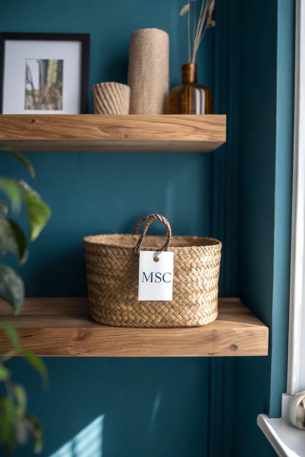 A labeled basket on a floating oak shelf keeps your home office wall calm and curated.