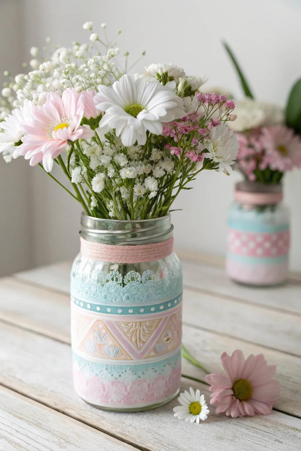 Transform a simple jar into a stunning May Day treasure with soft hues and natural beauty.