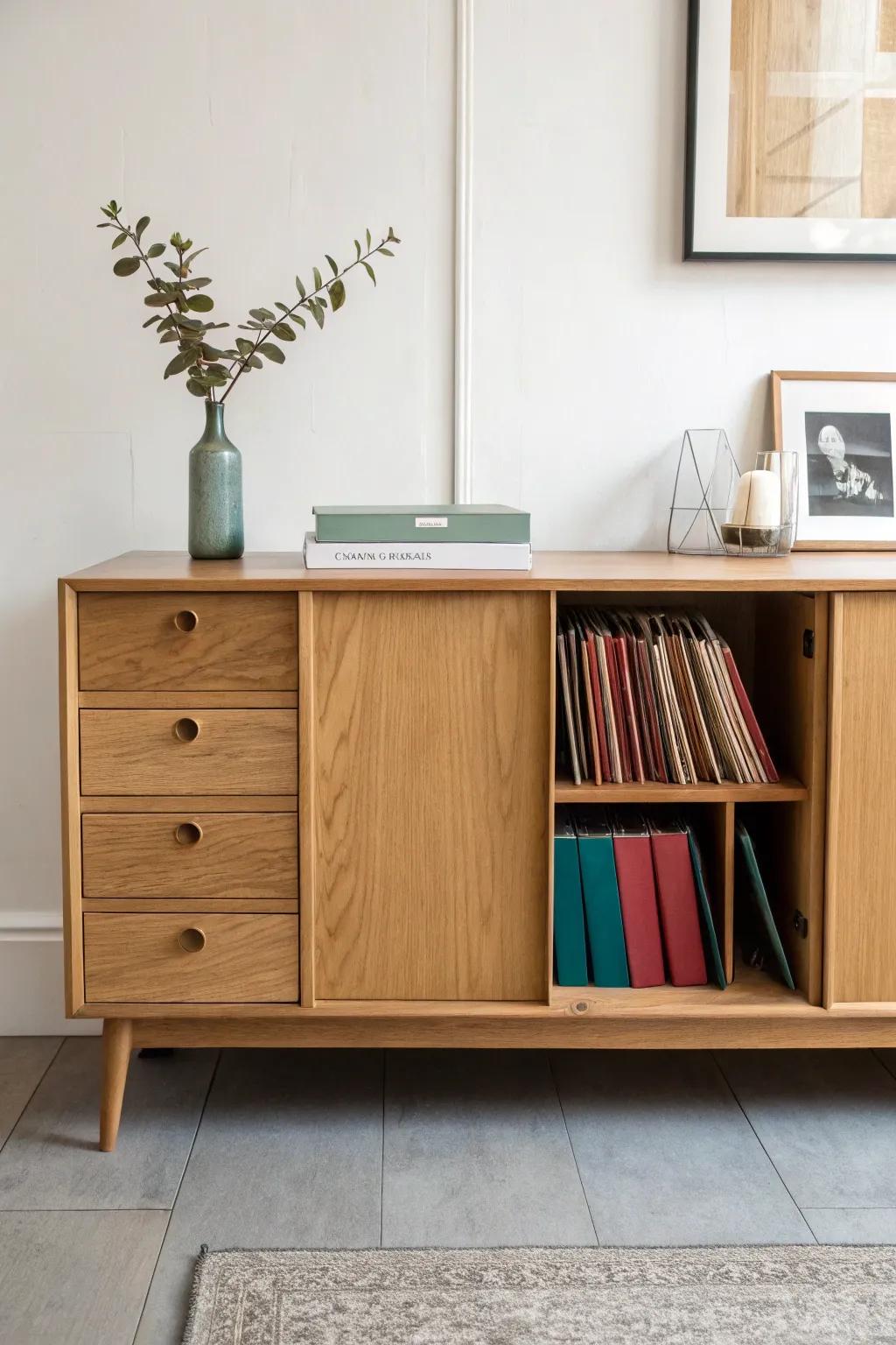 Hide homeschool binders in an oak sideboard—wood dividers keep papers tidy and the dining room serene.