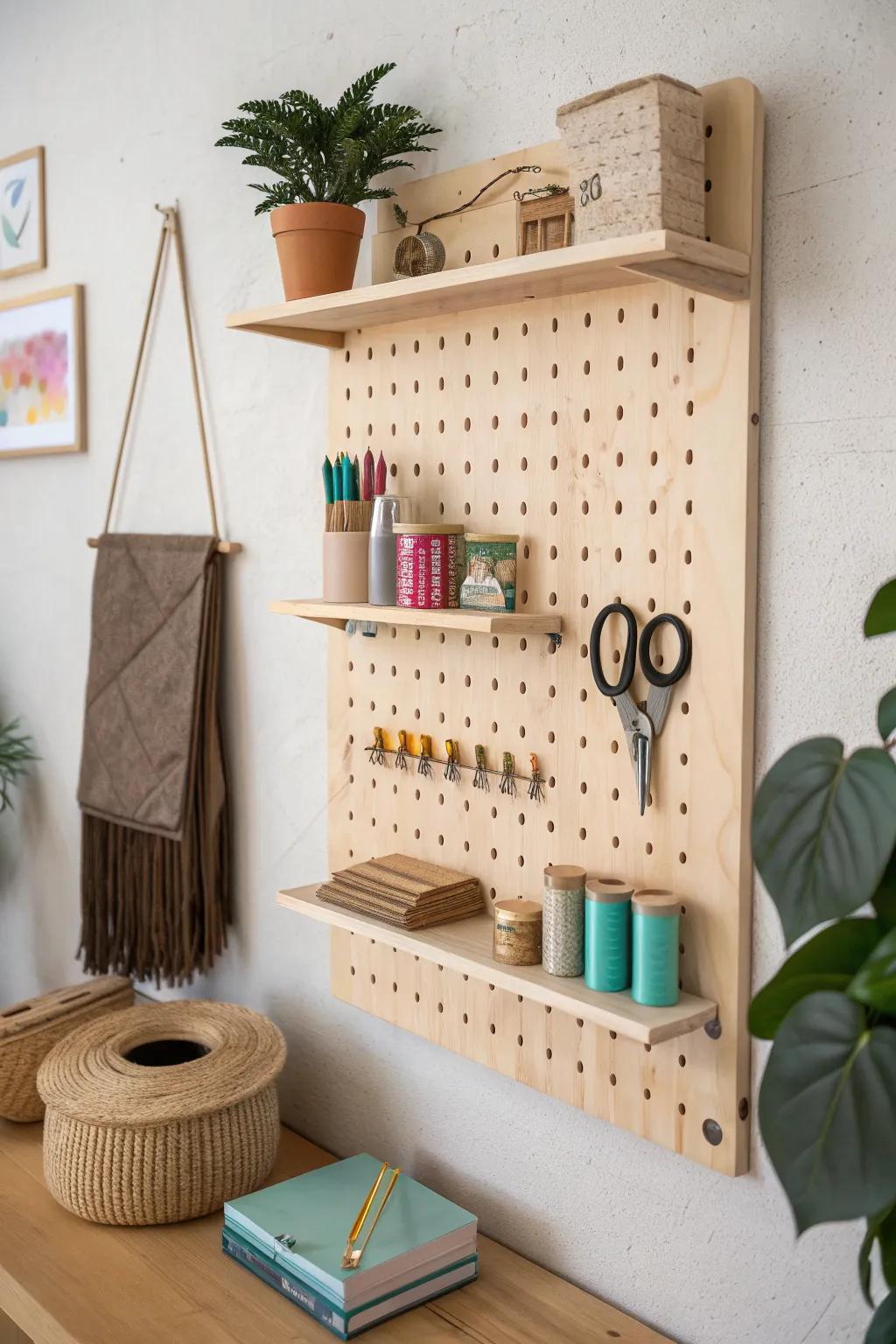 Handcrafted wood pegboard supply wall: a chic homeschool organizer that clears the desk in seconds.