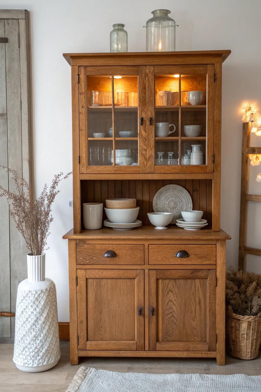 A tiny warm light turns a Hoosier hutch into a cozy, glowing display at night.