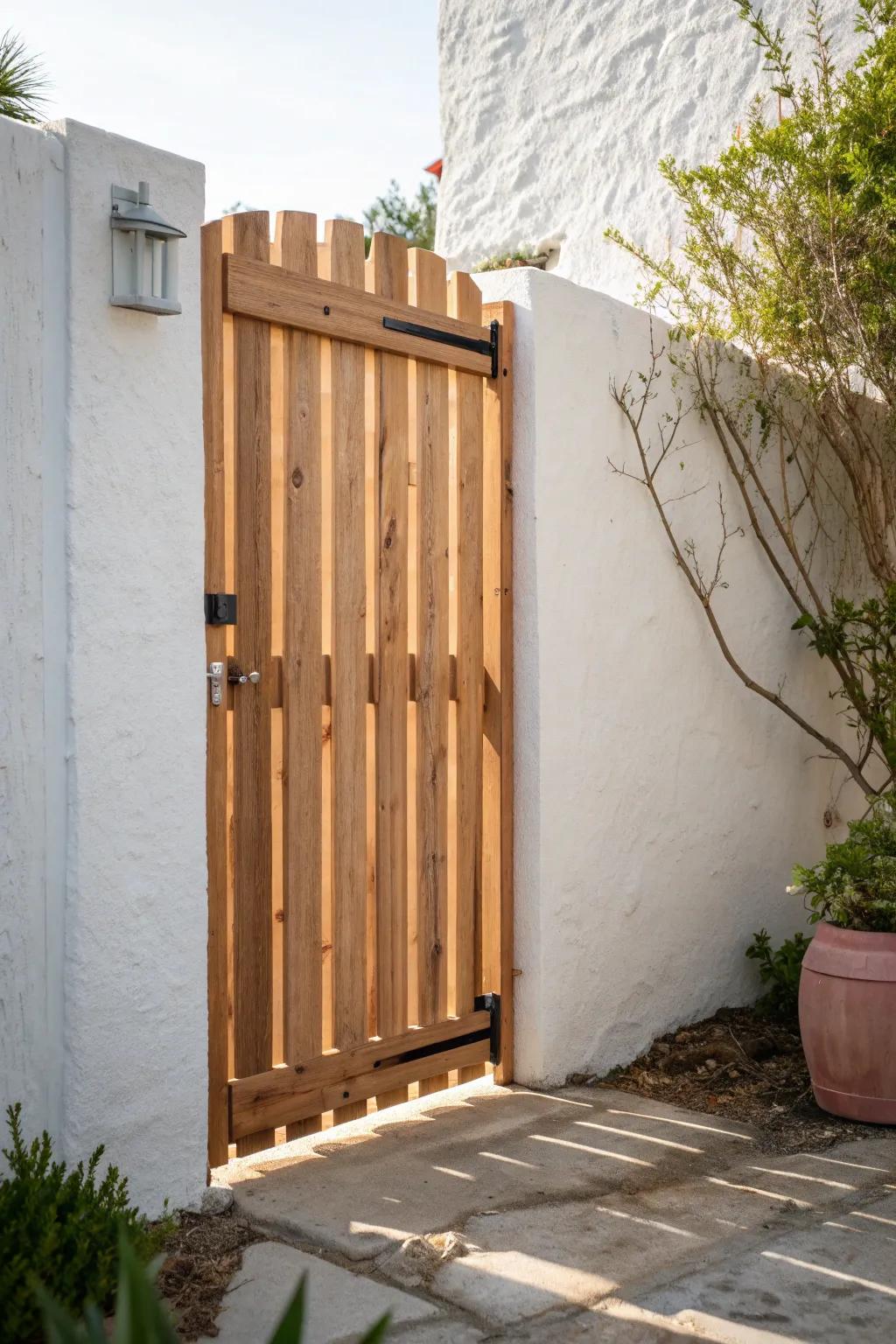 Skinny board-and-batten gate: rustic charm, lightweight swing, and a bold terracotta accent.