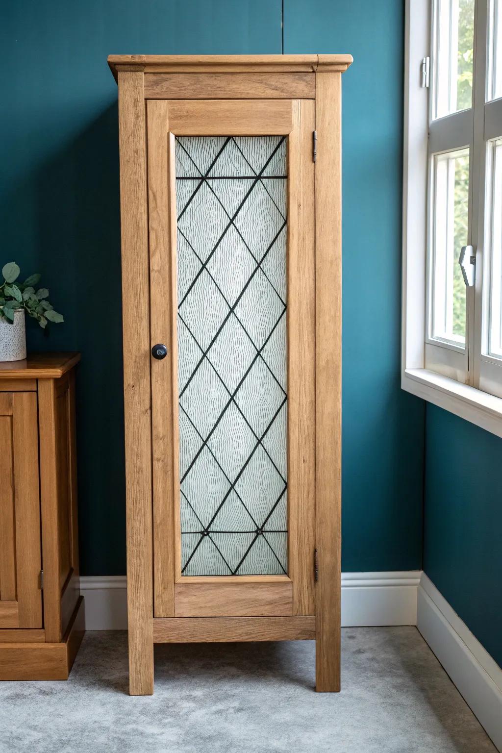 Faux leaded lines + frosted film instantly turn plain cabinet glass into vintage charm.