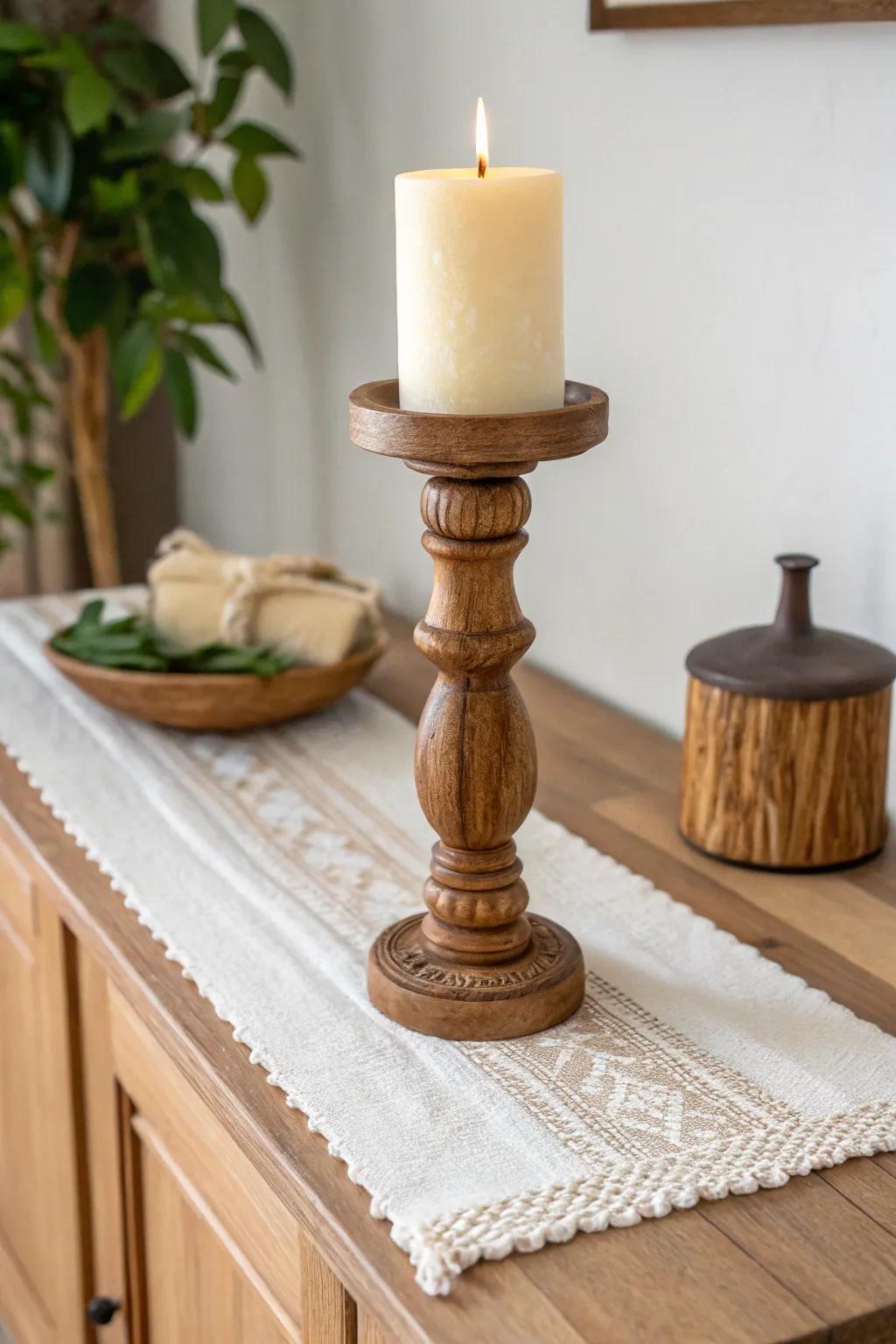 Mix a chunky candle with a tall wooden holder for instant warmth and height on your dresser.