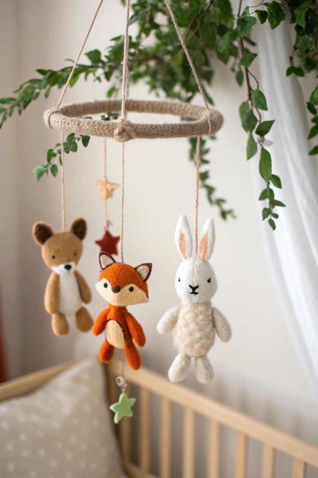 Add a whimsical touch to any nursery with this charming felted animal mobile, where minimalism meets vibrant craftsmanship.