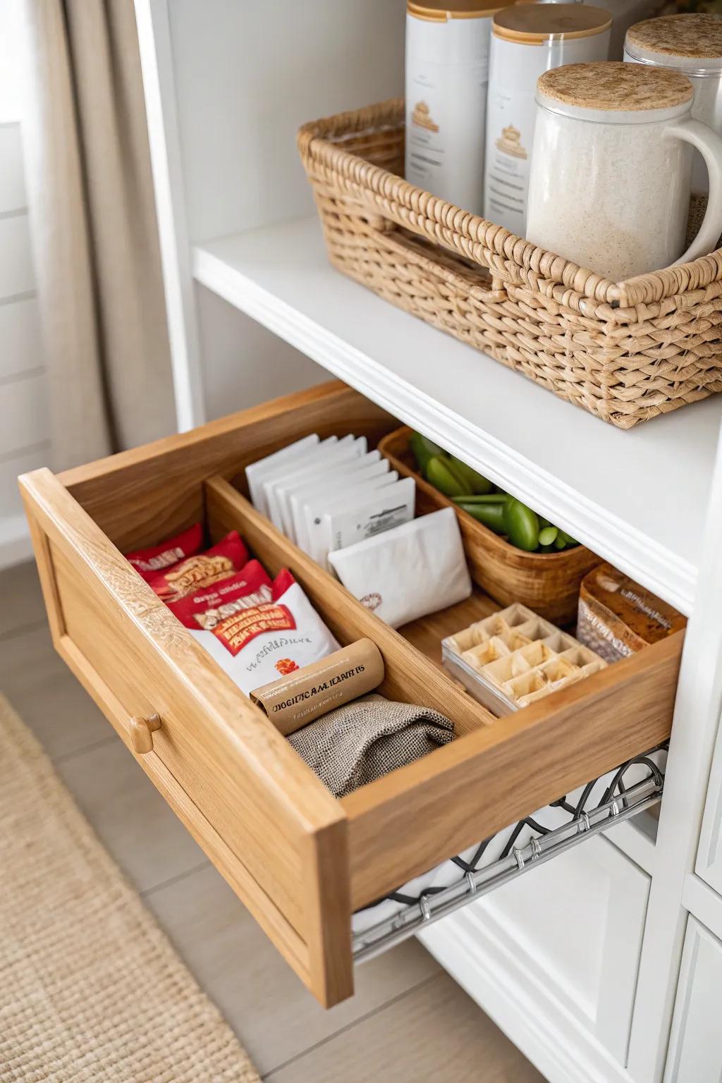 Pull-out wooden baskets turn deep pantry shelves into easy, breathable drawers for snacks.
