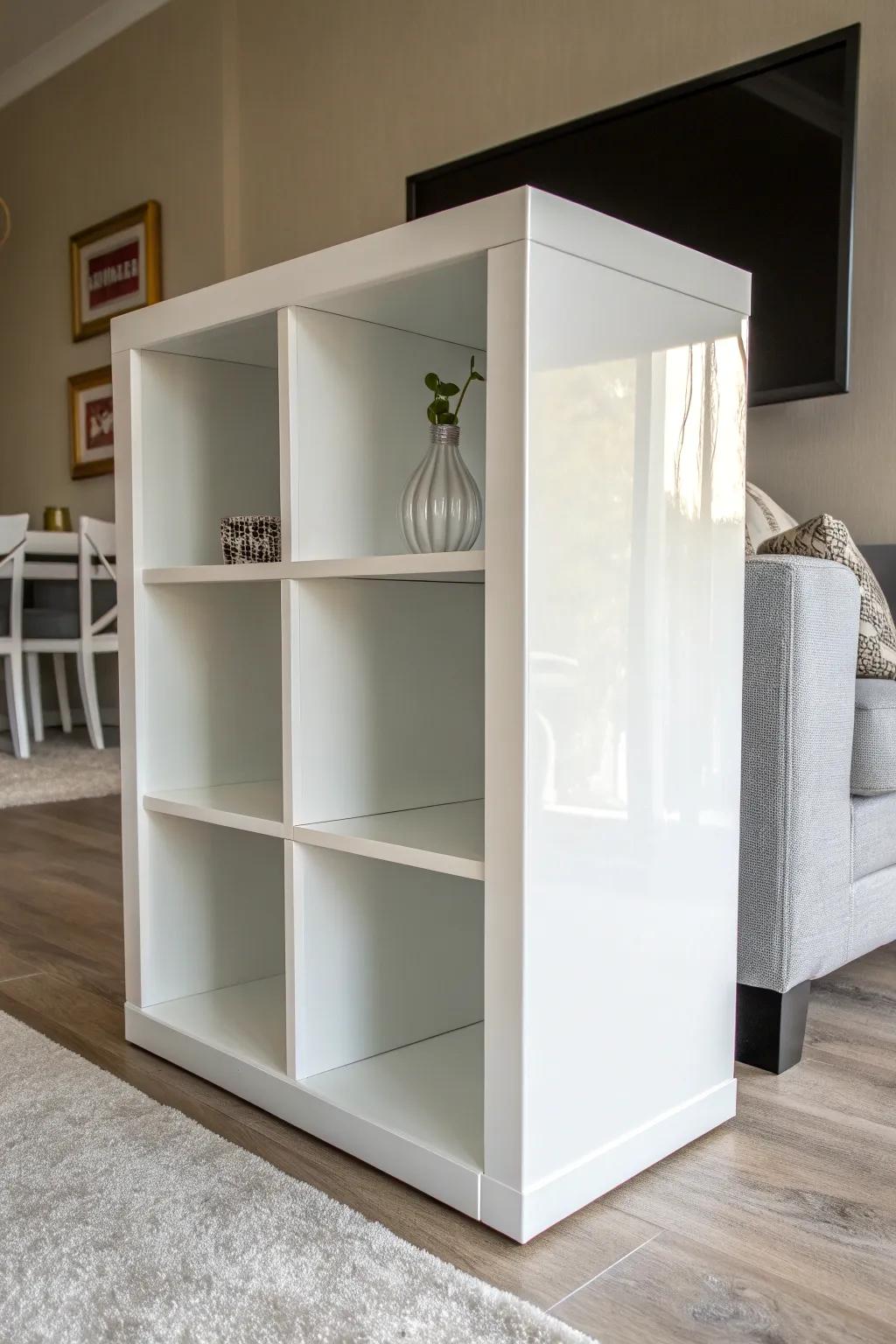 Elevate your space with a high gloss Kallax: where craftsmanship meets modern elegance.