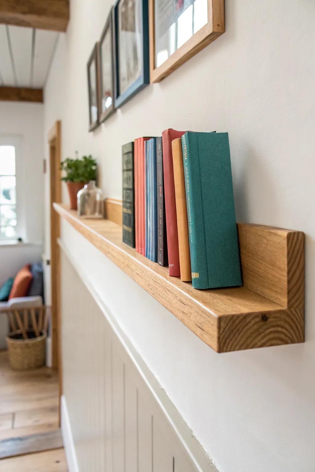 Shallow picture ledge turns a hallway into a mini library—books front-facing, always within reach.
