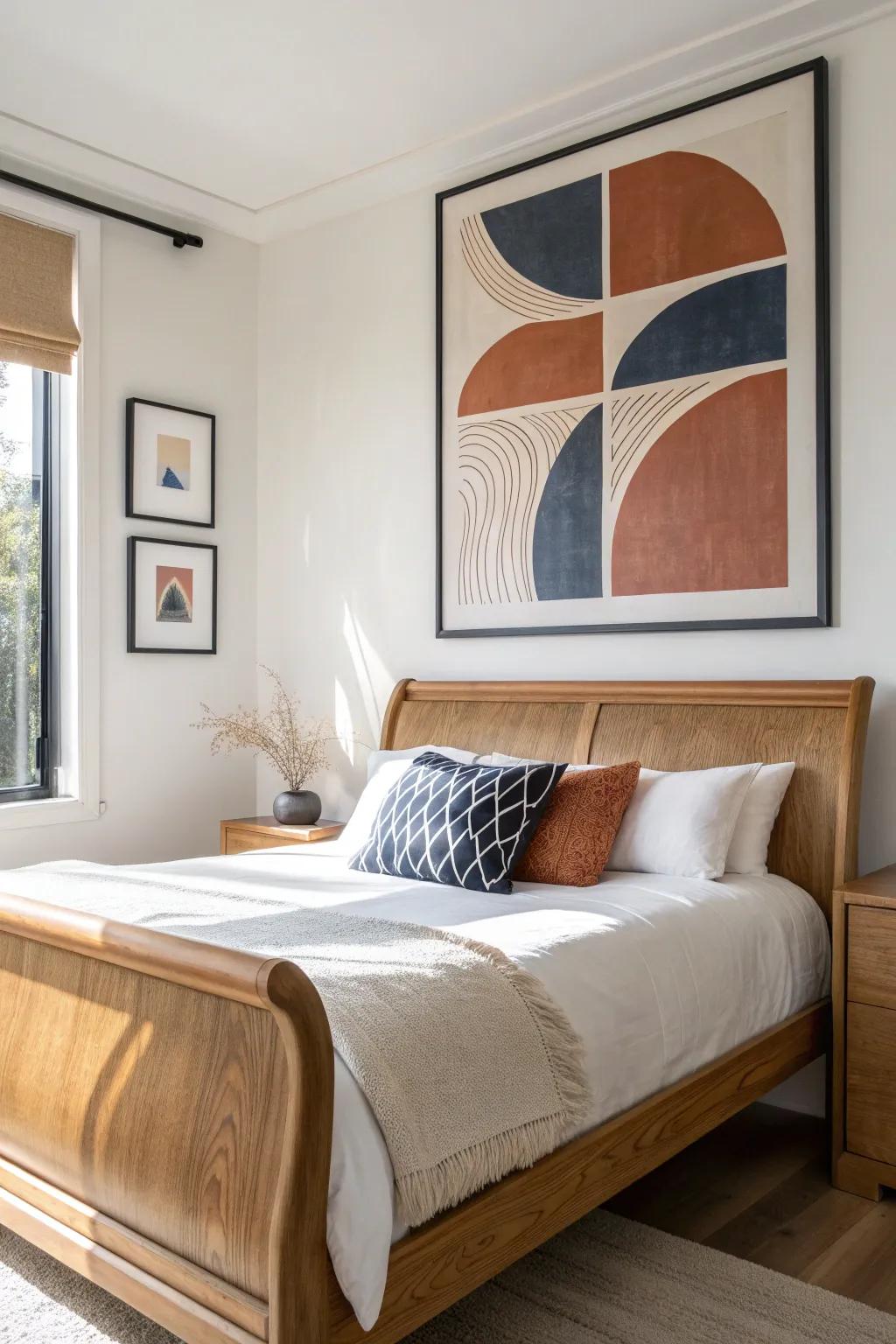 One oversized artwork keeps the sleigh headboard clean—and makes the whole room feel intentional.