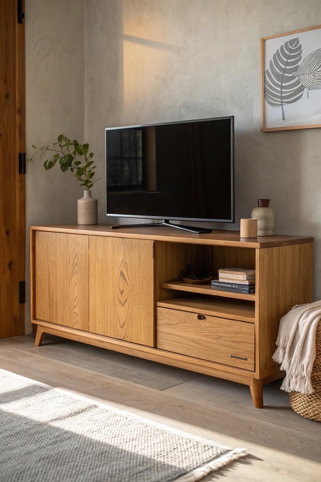 Close the sliding oak panel to hide the TV—instantly calmer, cozier hygge evenings.