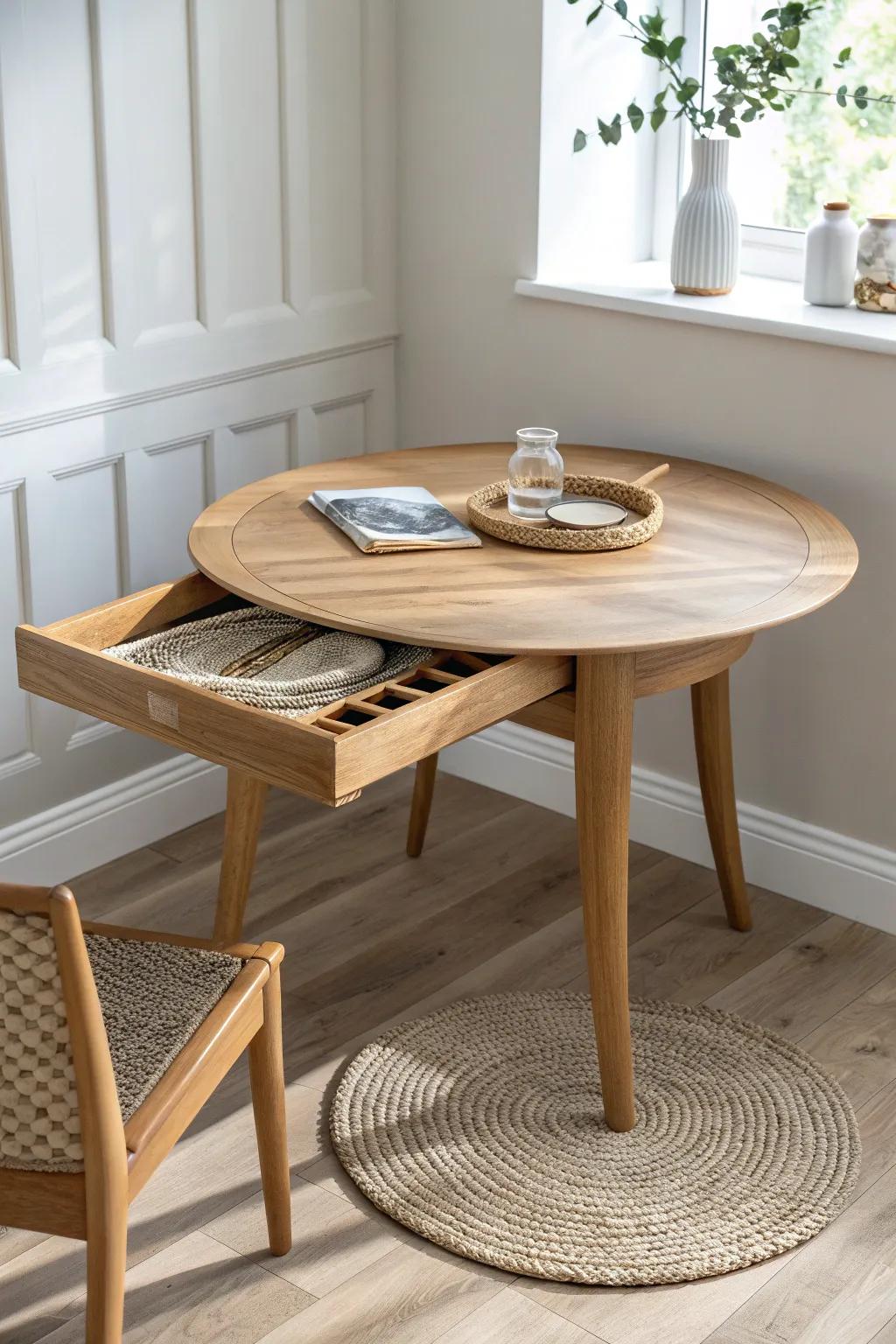 Small-space oak table with a hidden leaf—minimal footprint, effortless extra seating.