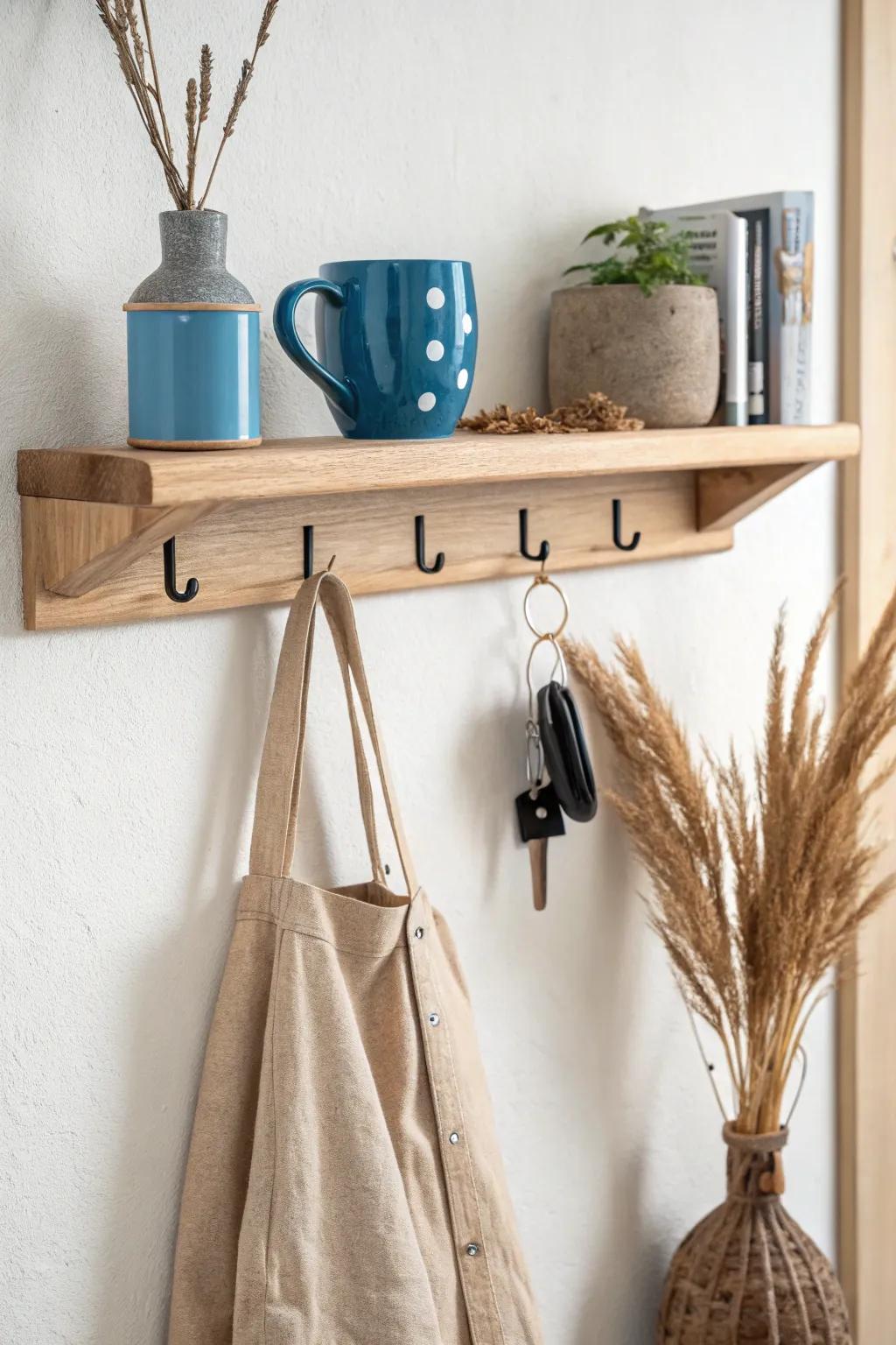 Minimal oak shelf with hidden peg rail—display up top, grab-and-go hooks underneath.