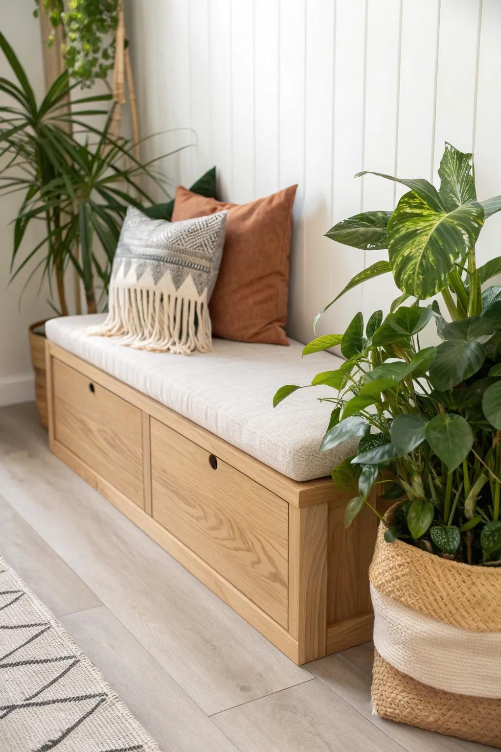 Built-in bench with planter—warm oak, bold greens, and a moisture-safe divider for cozy nooks.