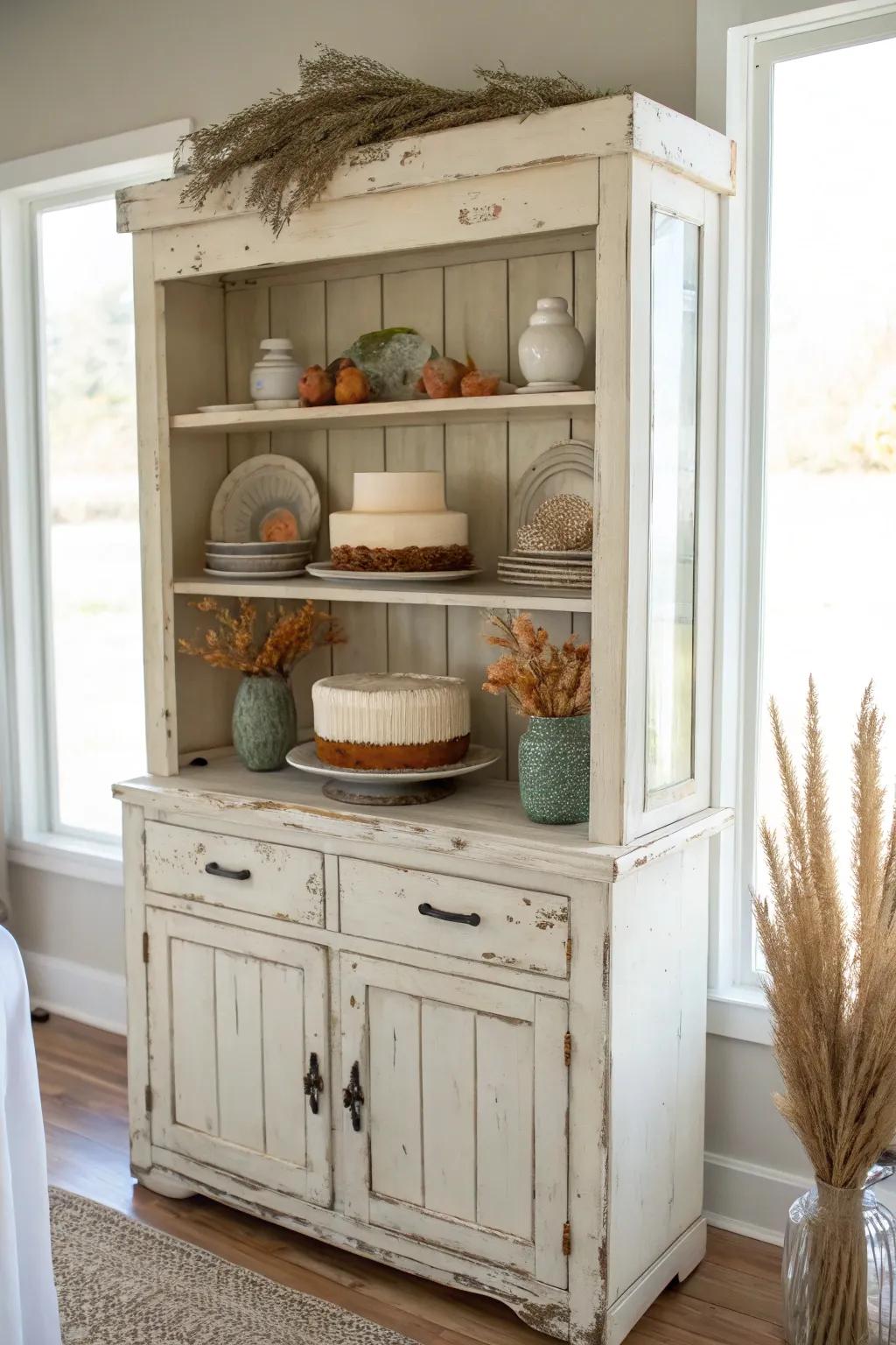 Distressed vintage hutch dessert display—rustic wedding charm with minimal Scandinavian warmth.