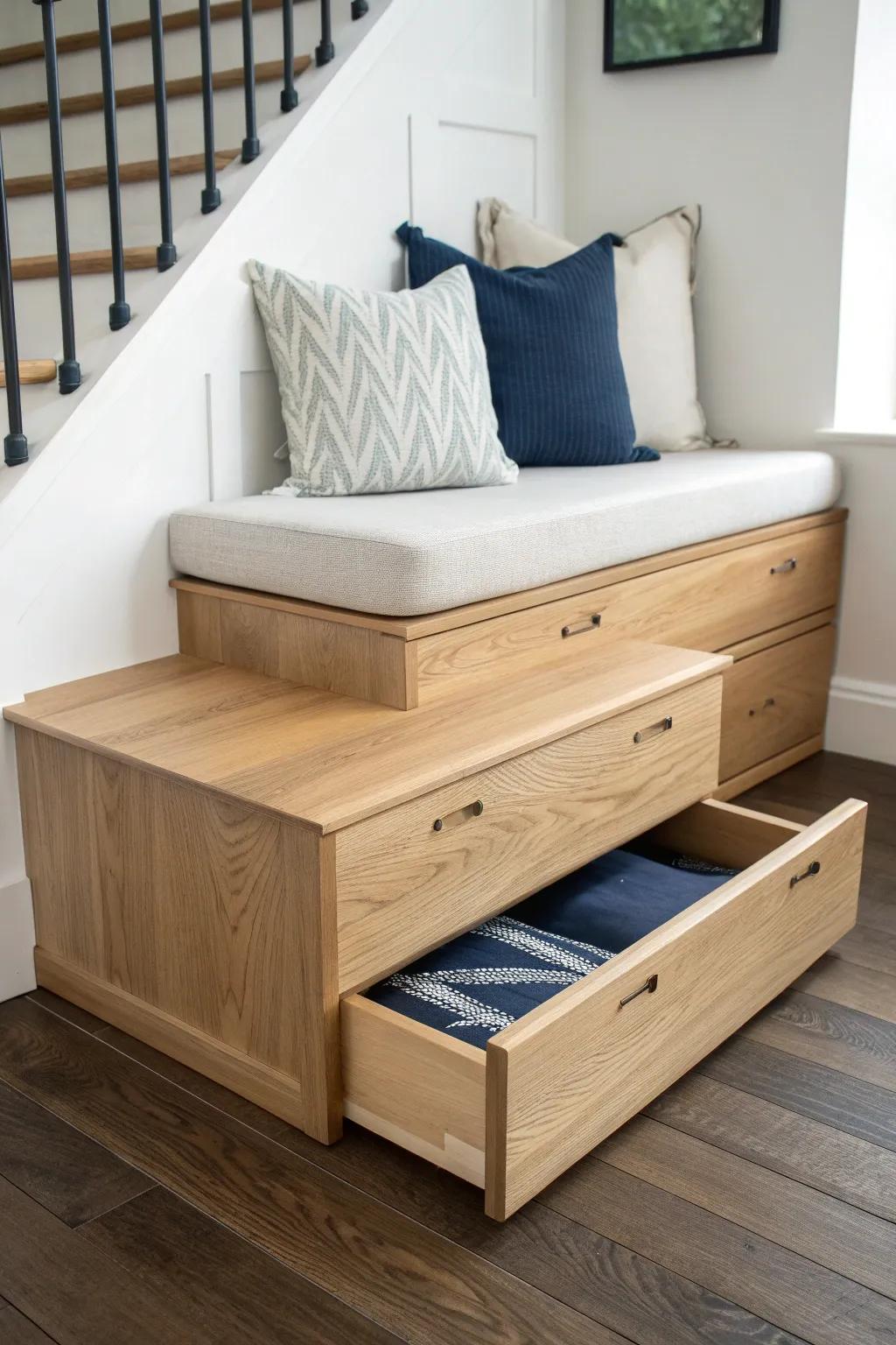 Stair-step lounge with hidden drawers—minimal oak seating that stores your whole life.