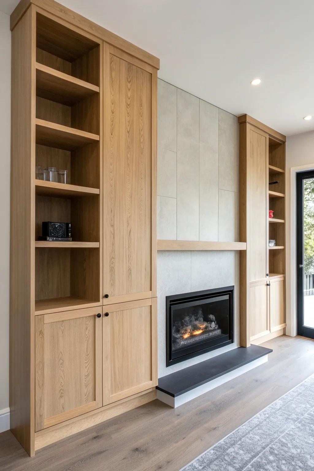 Asymmetrical oak built-ins beside an inset fireplace—minimal, custom, softly boho.