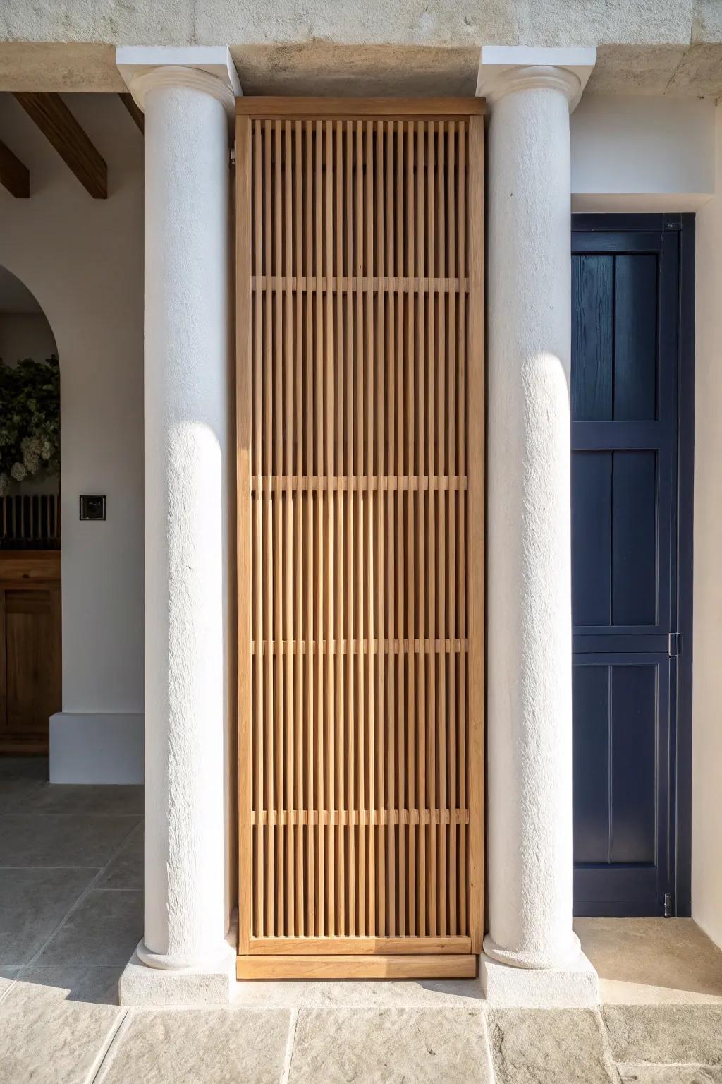 Oak slat screen between columns—defines space while keeping light and openness in airy plans.