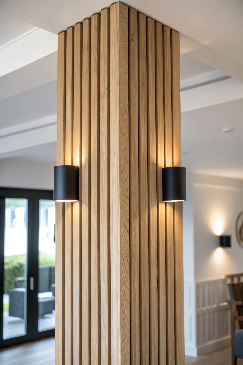 Light oak column wrap with built-in sconces—minimal, warm, and crafted for dark corners.