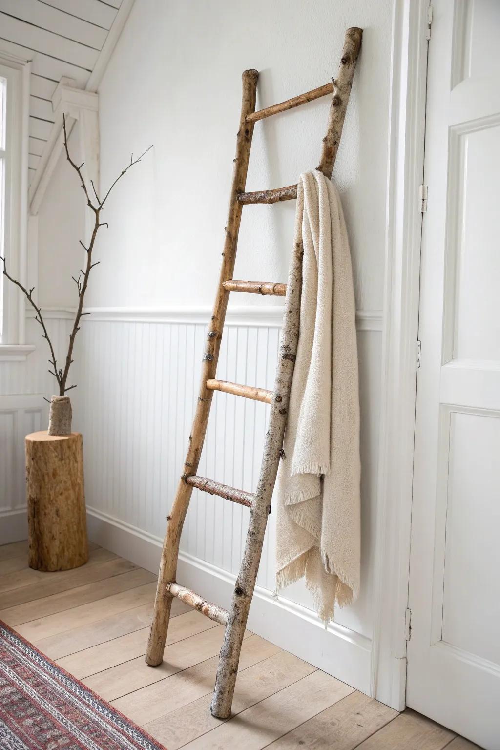 Birch-branch leaning ladder: a minimalist hallway statement with handmade texture and warmth.