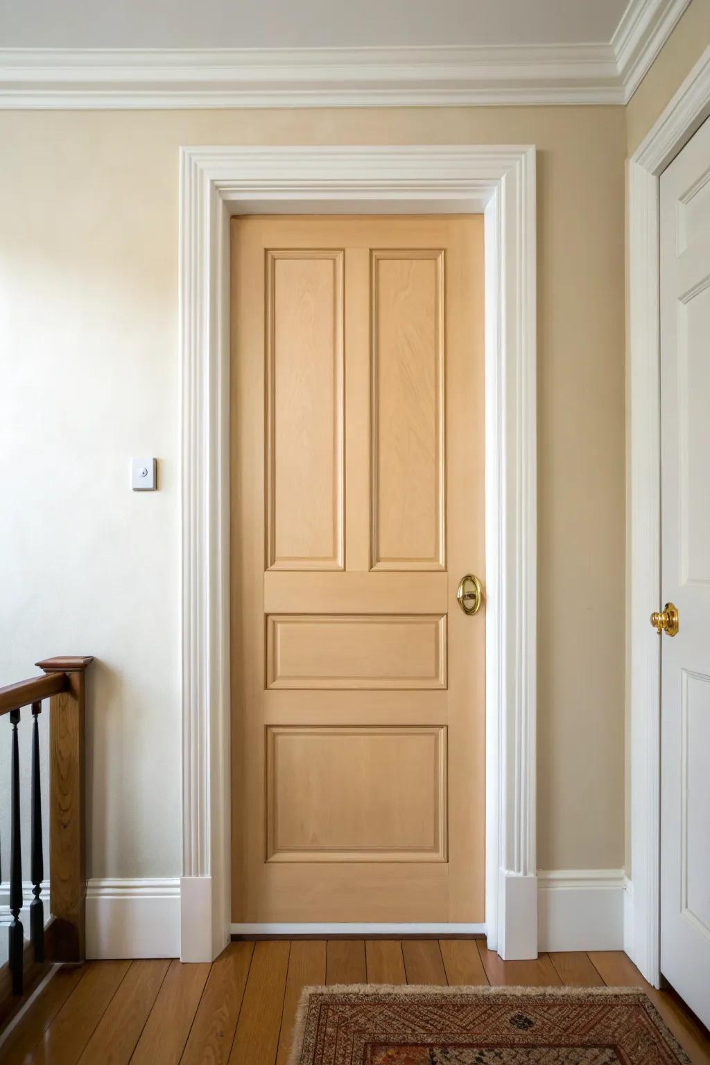 Warm beige door + crisp white trim: a soft, designed look that flatters natural wood floors.