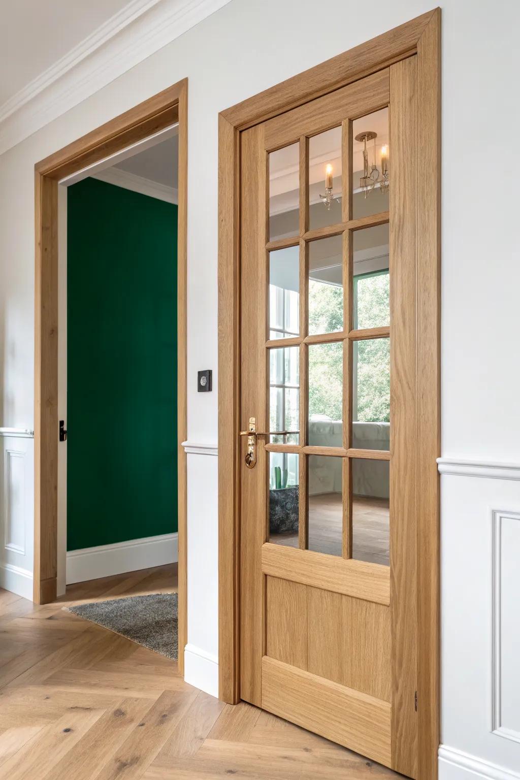 Pocket French doors in natural oak: elegant glass panels that glide away to free up floor space.