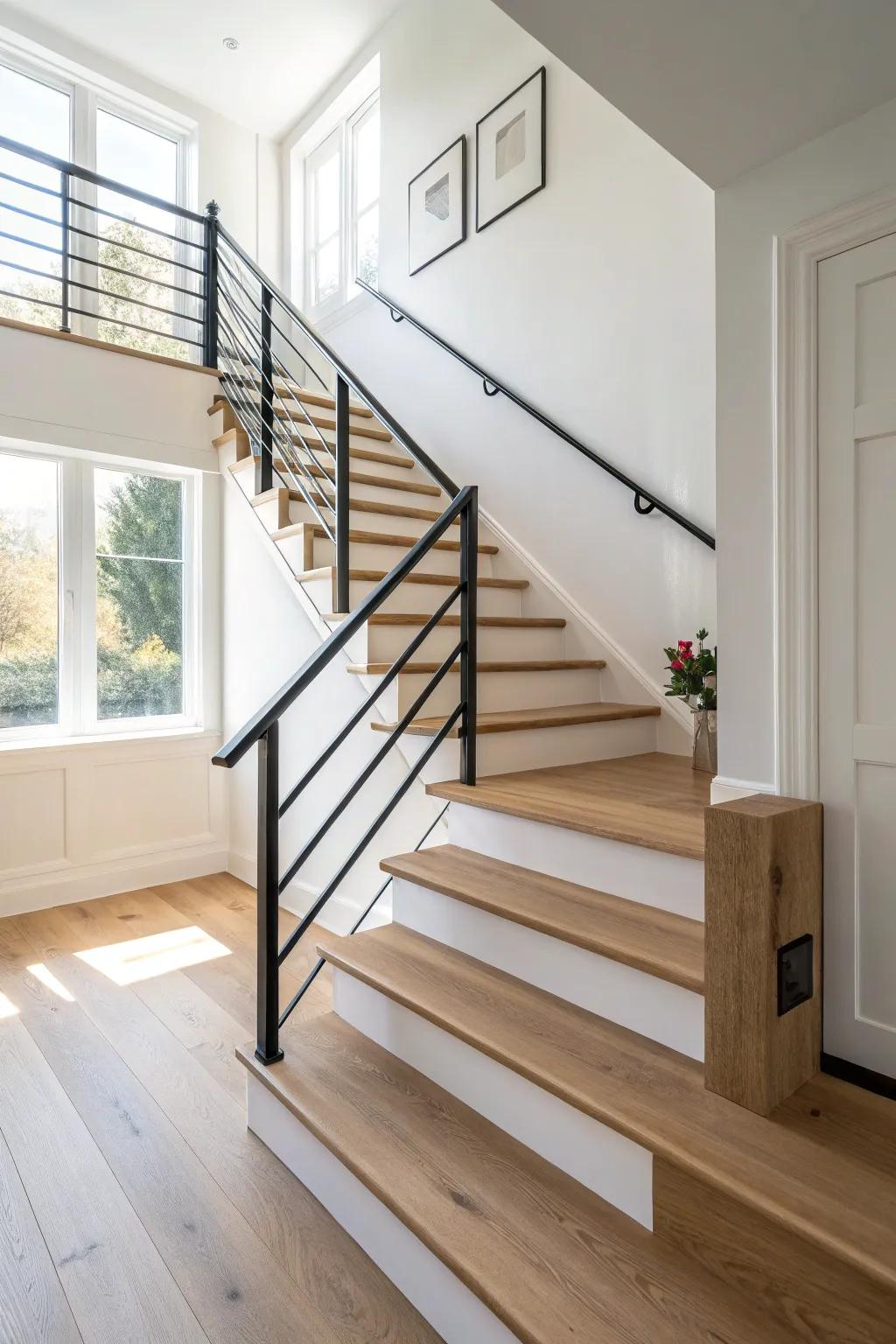 Side-mounted railing for a floating stair look—clean lines, bold contrast, and warm oak.