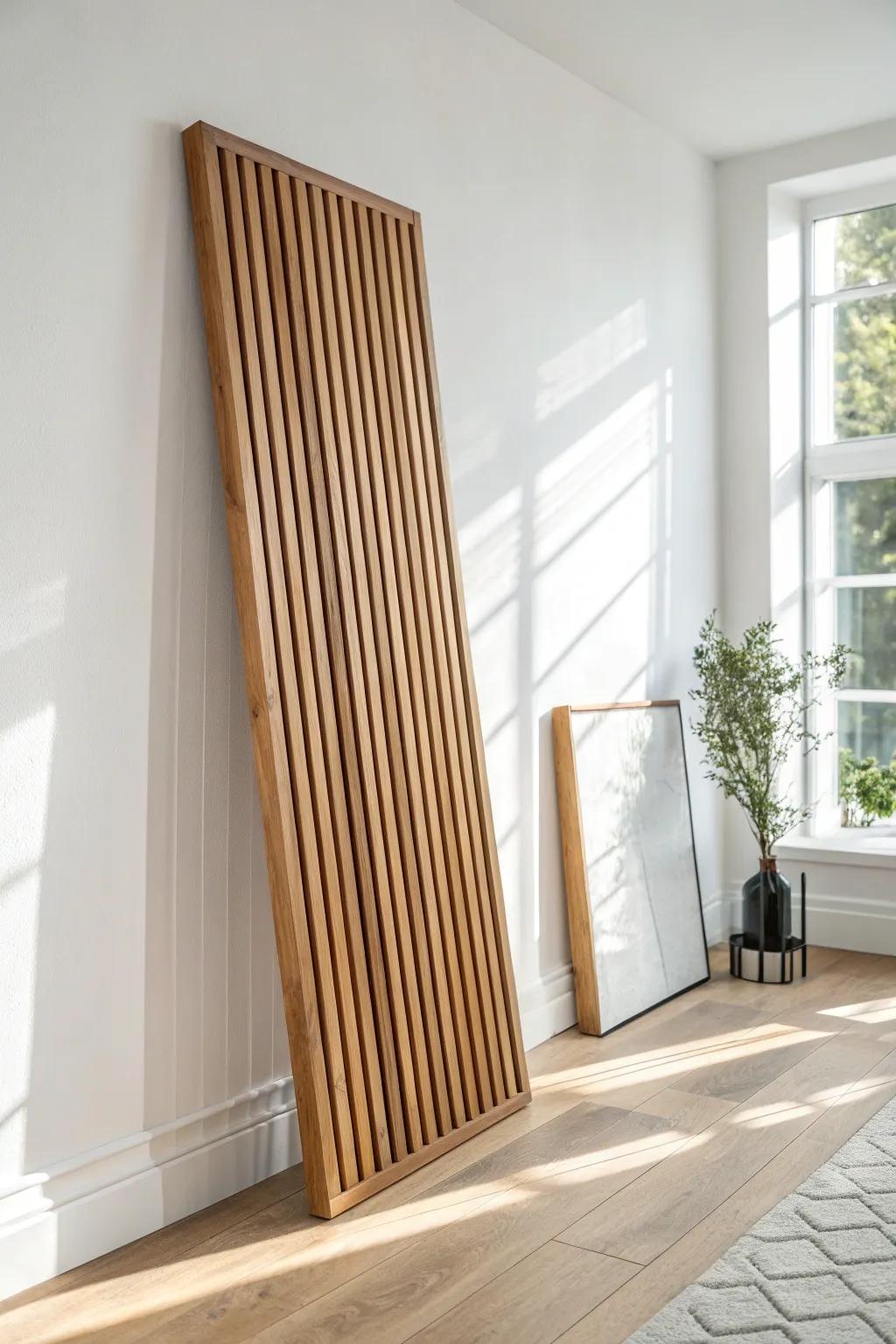 Mixed-width oak slats create an artistic rhythm—calm, bold, and beautifully handcrafted.