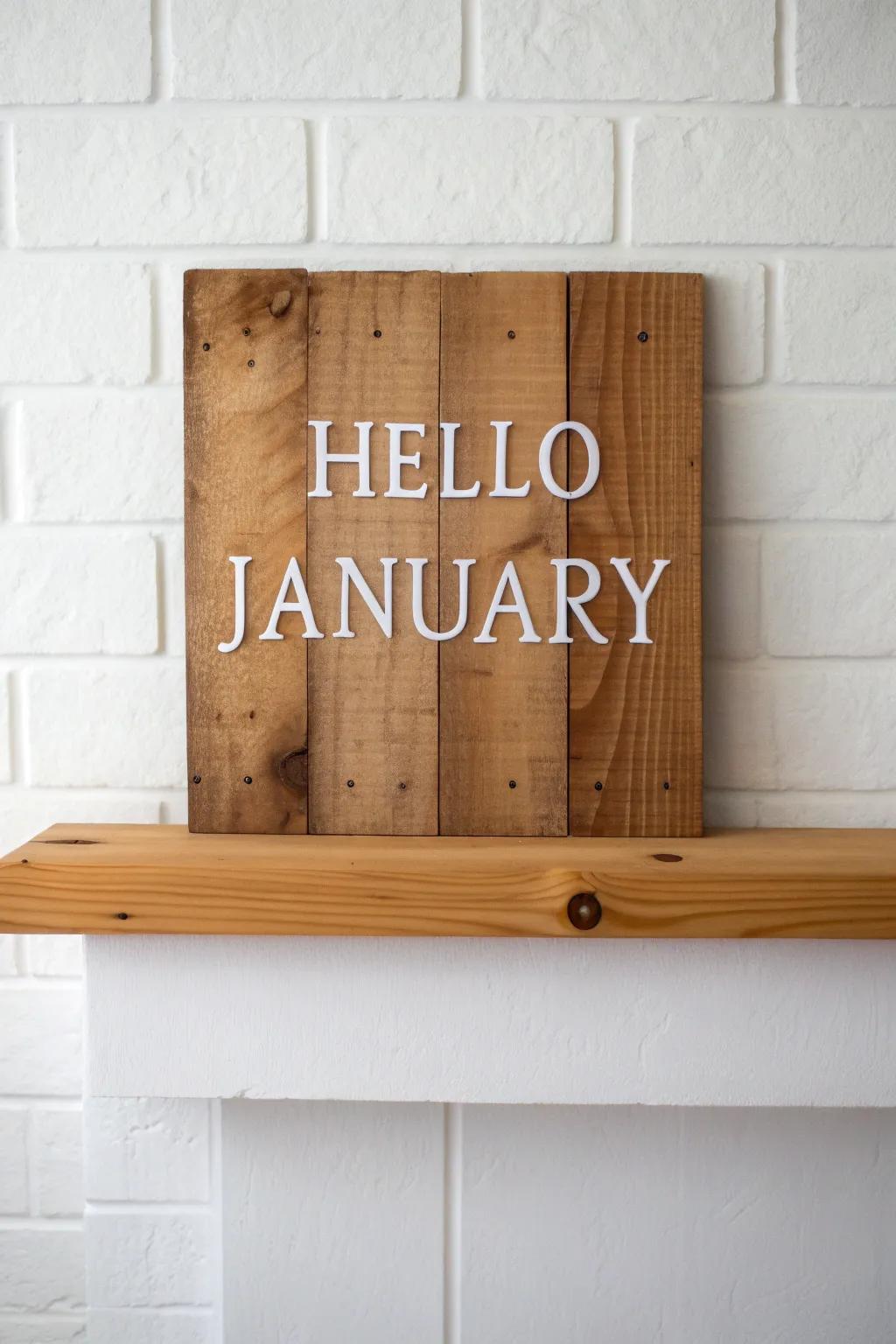 Hello January on reclaimed wood—simple, cozy mantel magic with rustic grain and clean contrast.