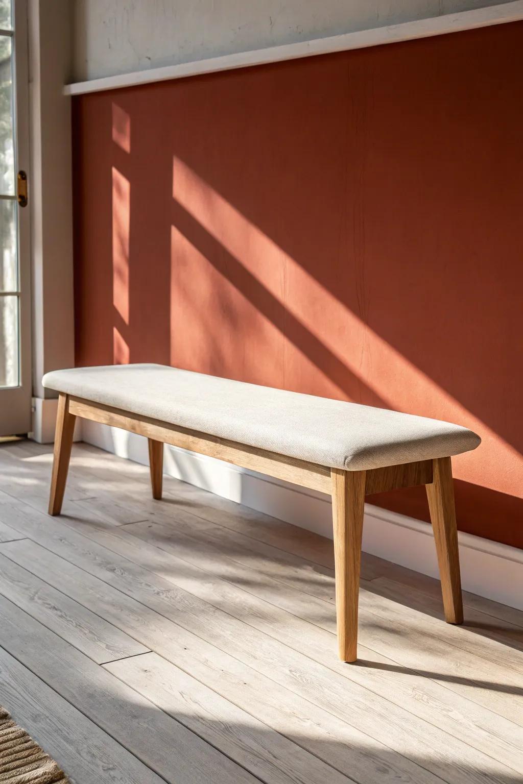 Low-slung oak bench grounds a Japandi dining room—minimal lines, warm wood, calm energy.