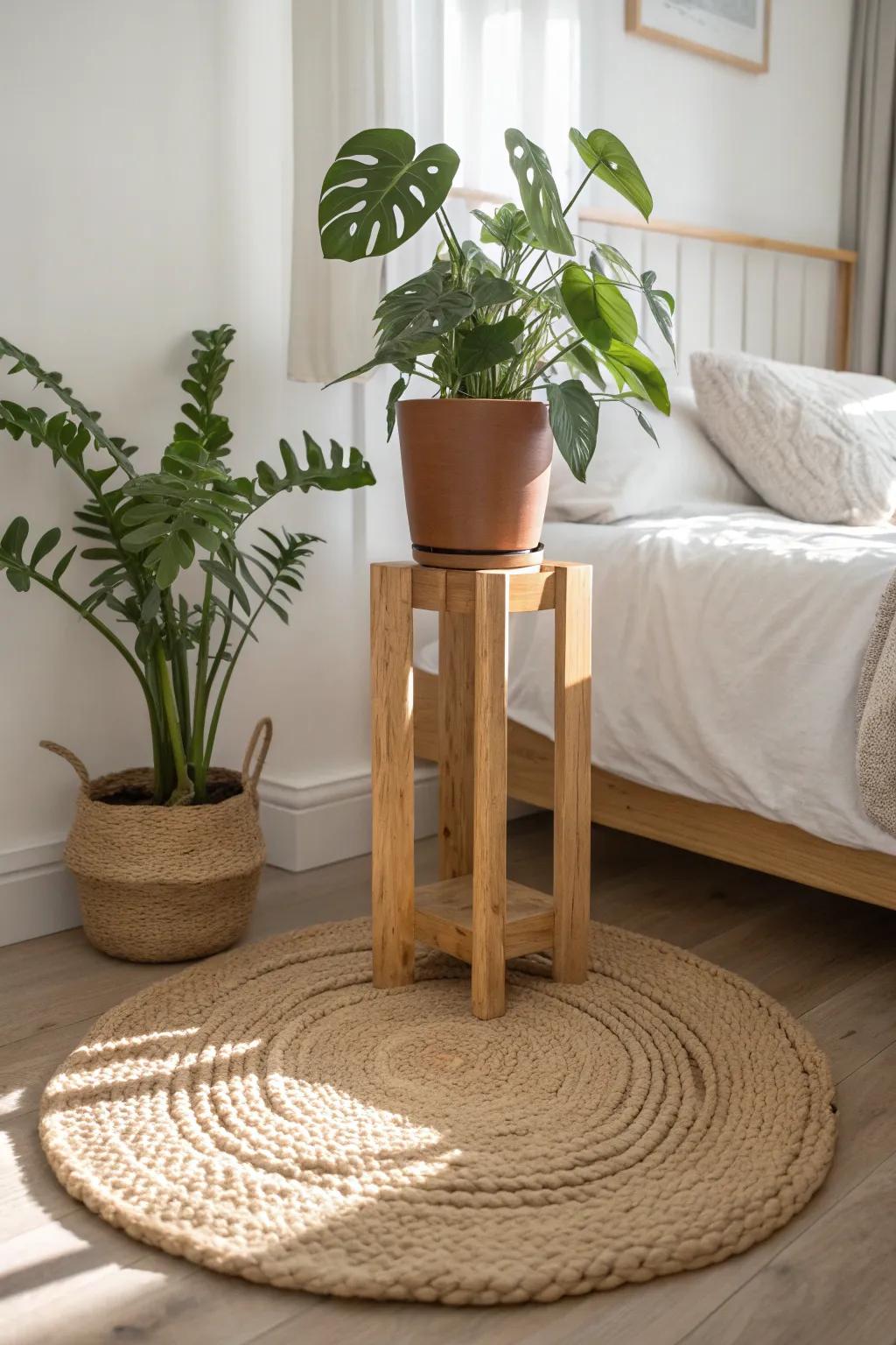 A handmade wood plant stand half on jute—an easy bedroom nature nook with warm contrast.
