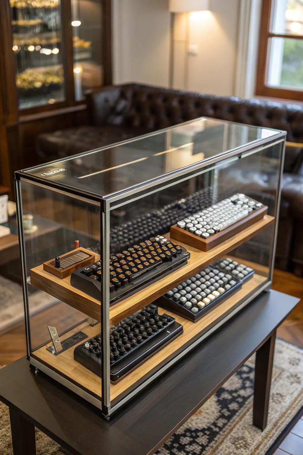 Showcase your keyboard collection with style in a refined glass display case.