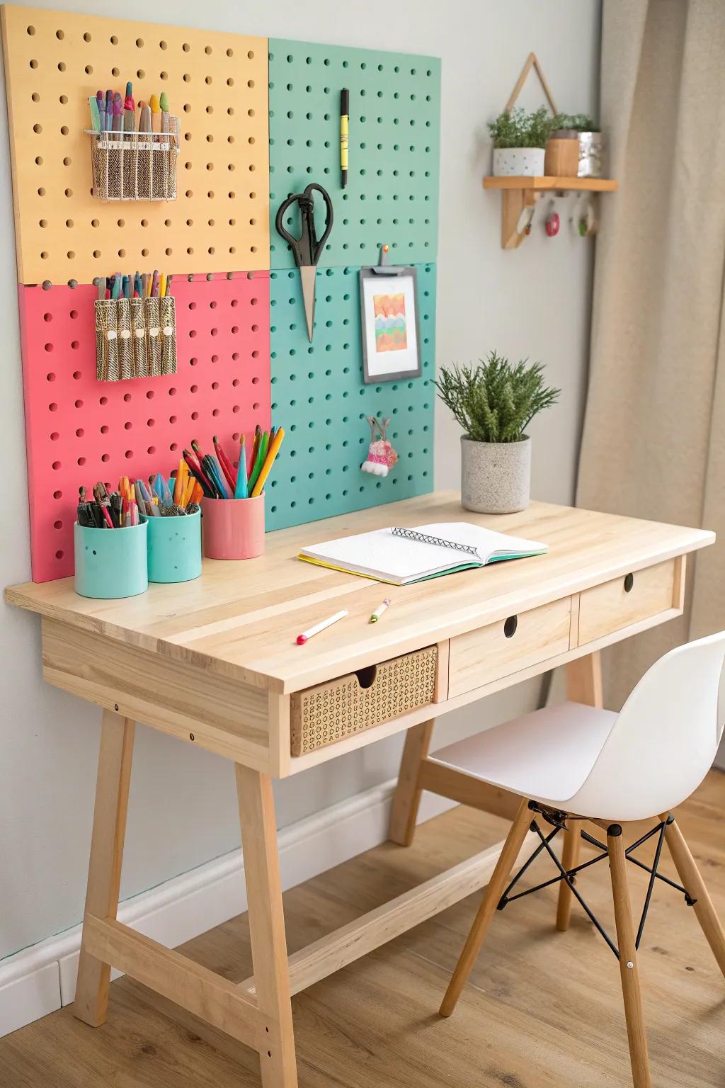 Transform your child's workspace with a charming pegboard desk setup that inspires creativity and simplicity.