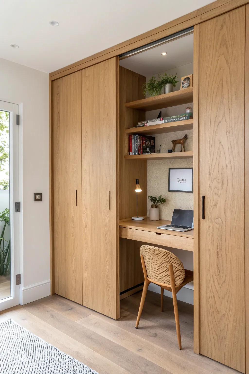 A closet study nook in pale oak—close the doors to instantly reset the room’s calm.